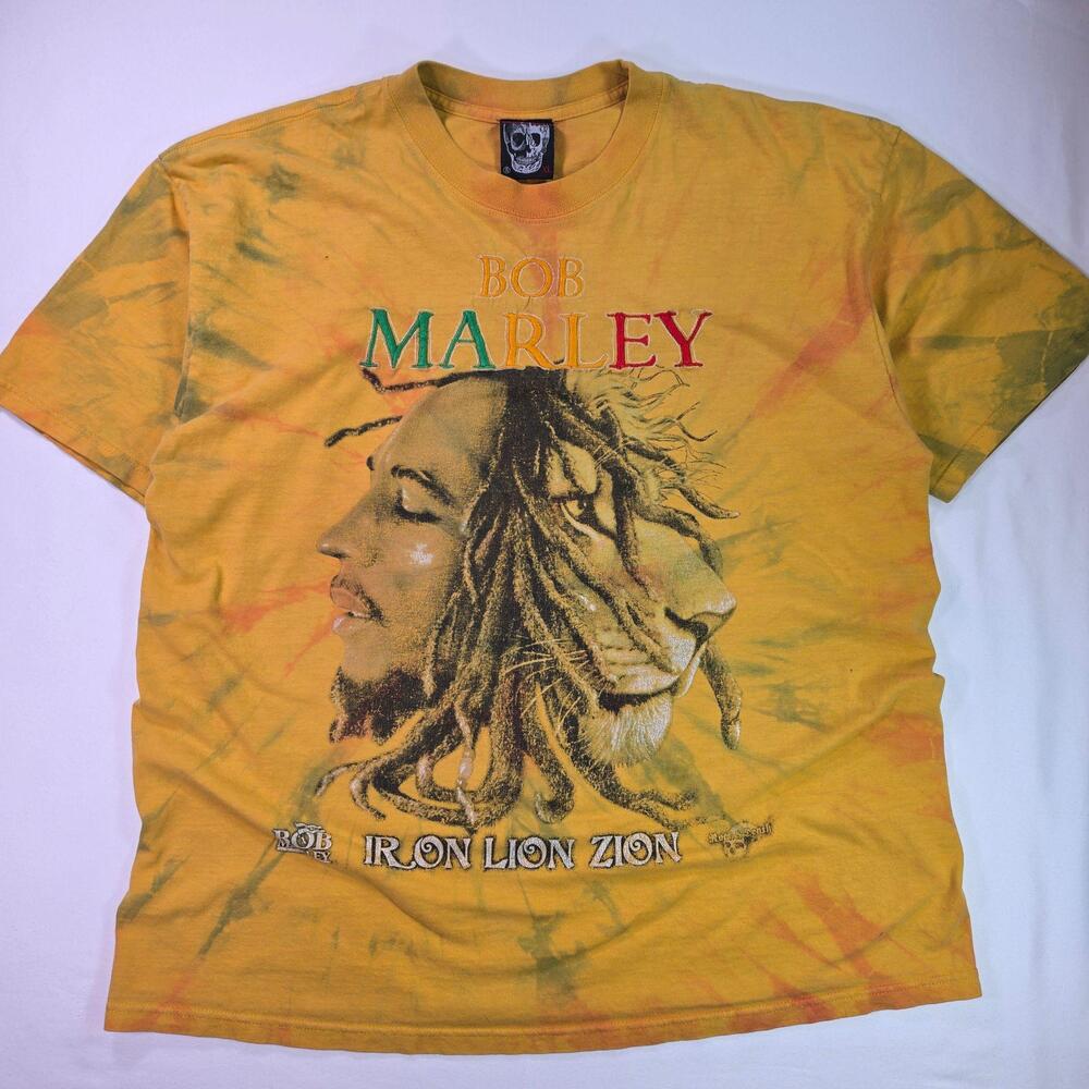 Vintage Y2K Bob Marley Rock & Death Shirt XL Yellow Iron Lion Zion Graphic Tee